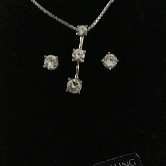 STERLING CZ NECKLACE AND PIERCED EARRINGS SET - Picture 1 of 2